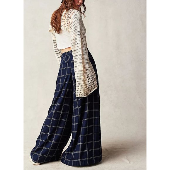 FREE PEOPLE Dance At Dusk Wide Leg Trousers / Navy Combo - Picture 2 of 11